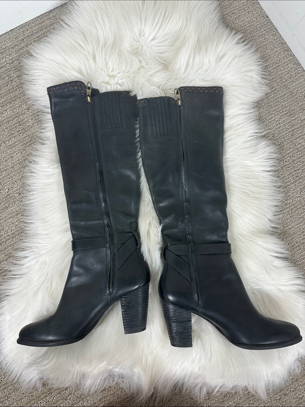 UGG Black Leather Claudine Knee-High Heeled Boots 7.5 - Picture 6 of 11